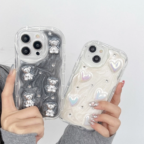 Custodia Per Telefono Con Strass Orso Cuore 3D Compatibile Con iPhone 16 15 14 13 Pro Max Texture Marmo TPU Morbida