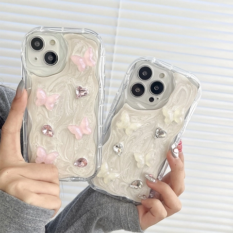 Coque De Téléphone Papillon Stéréoscopique Silicone Antichoc Texture Vague Crème Strass Esthétique Douce Housse Protection