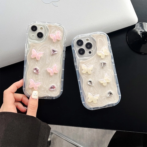 Coque De Téléphone Papillon Stéréoscopique Silicone Antichoc Texture Vague Crème Strass Esthétique Douce Housse Protection
