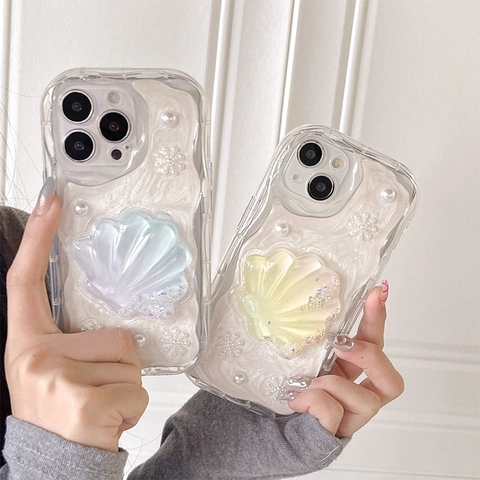 Funda Protectora Para iPhone Con Griptok Concha Textura Crema Pegamento Perla Artificial Copo De Nieve Brillo Suave TPU Antigolpes