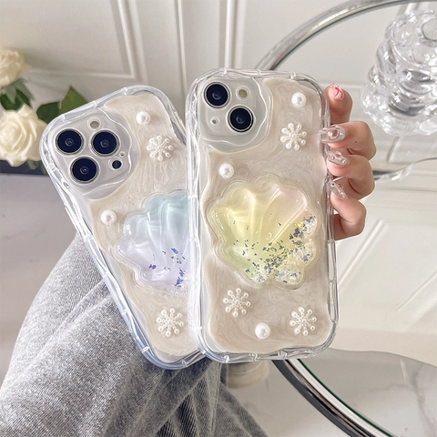 Funda Protectora Para iPhone Con Griptok Concha Textura Crema Pegamento Perla Artificial Copo De Nieve Brillo Suave TPU Antigolpes