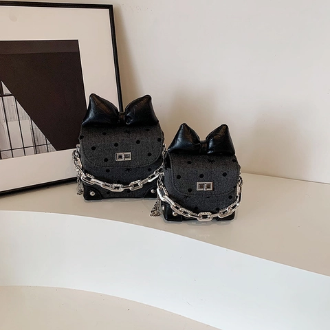 Mini Polka Dot Square Crossbody Bag With PU Leather Bowknot Herringbone Fabric Metal Chain Sweet Retro Shoulder Bag For Women