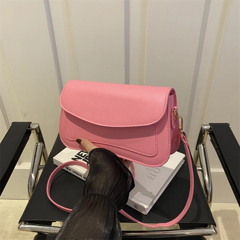 PU Leather Shoulder Crossbody Bag Small Square Flap Handbag Minimalist Gold Hardware For Women Daily Commute