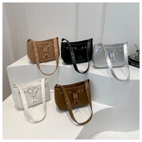 Women PU Leather Underarm Shoulder Bag Niche Drawstring Design Chic Vintage Style Daily Commuting Korean Fashion