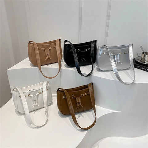 Women PU Leather Underarm Shoulder Bag Small Square Handbag With Drawstring Decor Golden Metal Eyelets Elegant Trendy