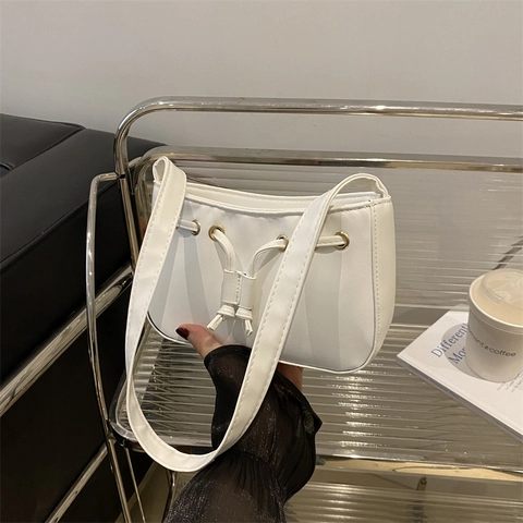 Women PU Leather Underarm Shoulder Bag Small Square Handbag With Drawstring Decor Golden Metal Eyelets Elegant Trendy