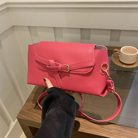 Women PU Leather Shoulder Bag Flap Square Crossbody Purse With Adjustable Strap Gold Hardware Decorative Knot Buckle Retro