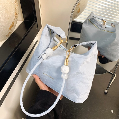 Bolso De Hombro Hobo Cuero PU Plisado Correa De Perlas Artificiales Moda Bolso Elegante Casual Para Mujer