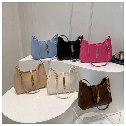 Borsa Sottobraccio in Pelle PU Trendy per Donna Borsa a Tracolla in Tinta Unita Con Catena in Metallo e Chiusura a Pistone