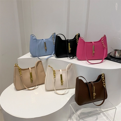Women PU Leather Underarm Shoulder Bag With Gold Metal Lock Clasp Chain Strap Retro Minimalist Hobo Bag Autumn Niche Design