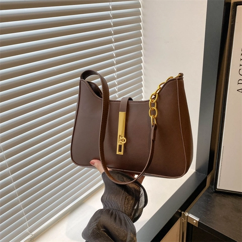 Women PU Leather Underarm Shoulder Bag With Gold Metal Lock Clasp Chain Strap Retro Minimalist Hobo Bag Autumn Niche Design