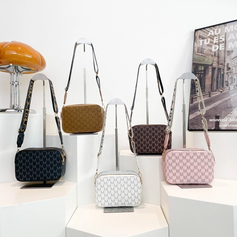 Women Crossbody Camera Bag PU Leather M Monogram Print Retro Wide Webbing Strap Fashion Casual Small Square Bag