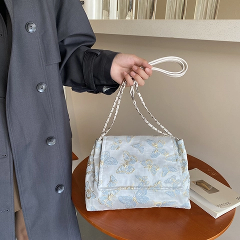 Damen Umhängetasche Crossbody Bag Nylon Stoff Kettenriemen Klappe Schleife Dekoration Schmetterling Kariert Vintage Mode