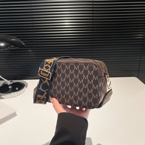 Women Crossbody Camera Bag PU Leather M Monogram Print Retro Wide Webbing Strap Fashion Casual Small Square Bag
