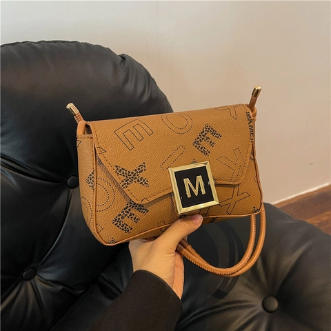 Trendy Women Letter Monogram Underarm Shoulder Bag PU Leather Retro Small Square Bag With Metal M Buckle Knot Strap