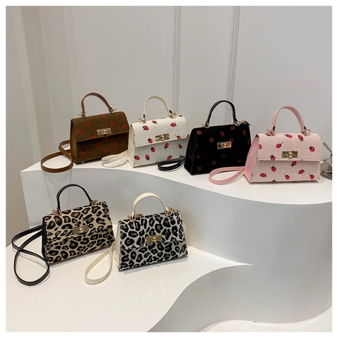 Women Small Square Bag Corduroy Strawberry Leopard Print Handbag Shoulder Crossbody Bag Metal Lock Sweet Style