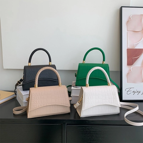 Sac Bandoulière Femme Gaufré Crocodile Poignée Tissée Cuir PU Élégant Sac À Main Trapèze Petit Sac Carré Matériel Doré