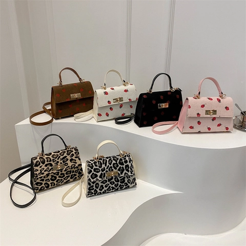 Women Corduroy Shoulder Bag Strawberry Print Leopard Pattern Small Square Crossbody Handbag Twist Lock Retro Style