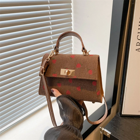 Women Corduroy Shoulder Bag Strawberry Print Leopard Pattern Small Square Crossbody Handbag Twist Lock Retro Style