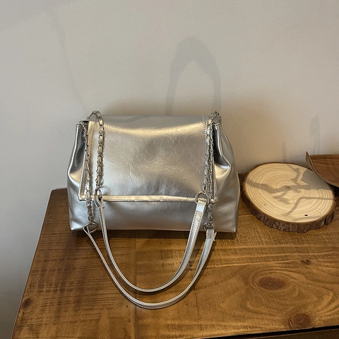Retro Schultertasche Aus Glänzendem Kunstleder Mit Kettenriemen Große Kapazität Klappe Umhängetasche Für Damen Pendlerstil