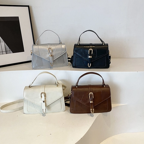 Women PU Leather Small Square Handbag Retro Stitching Top Handle Crossbody Shoulder Bag With Golden Buckle