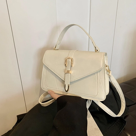 Women PU Leather Small Square Handbag Retro Stitching Top Handle Crossbody Shoulder Bag With Golden Buckle