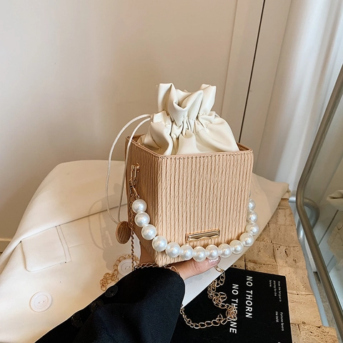 Mini Box Bucket Bag Pleated PU Leather With Faux Artificial Pearl Handle And Metal Chain Strap Drawstring Closure For Women