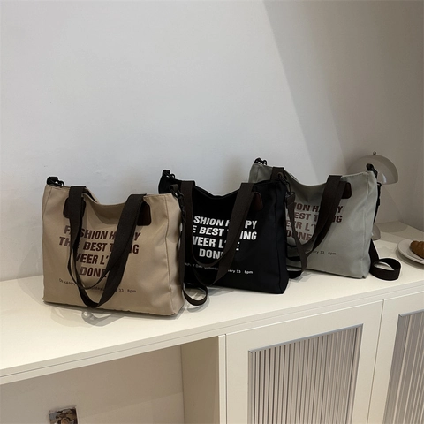 Large Capacity Canvas Tote Bag Letter Print Zippered Shoulder Handbag For School Commuting Casual Aesthetic