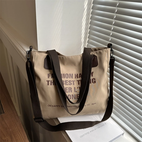 Large Capacity Canvas Tote Bag Letter Print Zippered Shoulder Handbag For School Commuting Casual Aesthetic