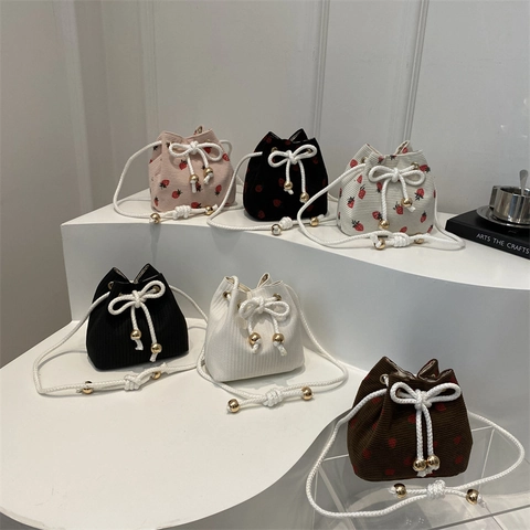 Sac Seau En Velours Côtelé Pour Femmes Avec Imprimé Fraise Mini Sac À Bandoulière Cordon Perles Dorées Main Casual