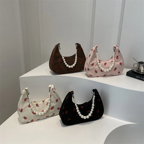 Bolso Hobo Lindo Para Mujer De Pana Con Estampado De Fresa Y Asa De Perlas Artificiales Bolso De Hombro Elegante En Forma De Media Luna