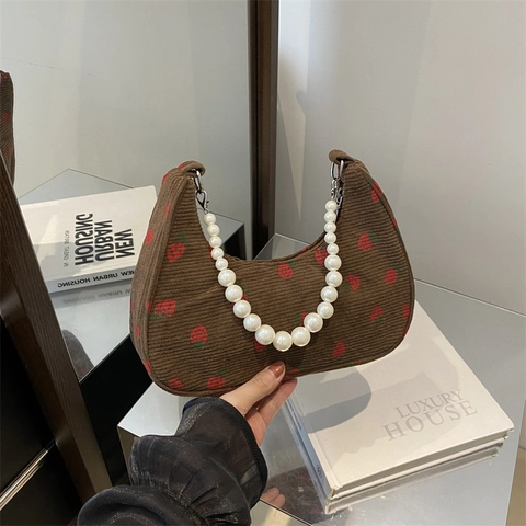 Women Hobo Underarm Bag Corduroy Strawberry Print With Artificial Pearl Handle Zipper Closure Cute Sweet Casual Shoulder Bag