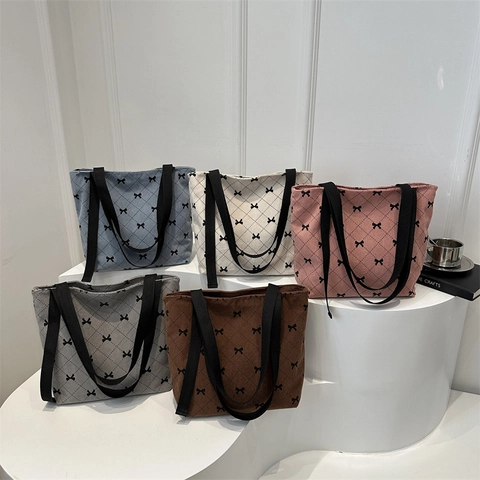 Women Corduroy Tote Bag Quilted Rhombus Bowknot Print Large Capacity Casual Shoulder Handbag With Zipper