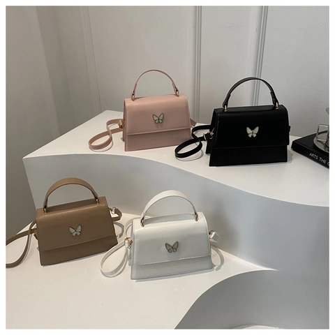Butterfly Decor PU Leather Crossbody Bag Elegant Flap Square Shoulder Handbag With Top Handle For Women Minimalist Style
