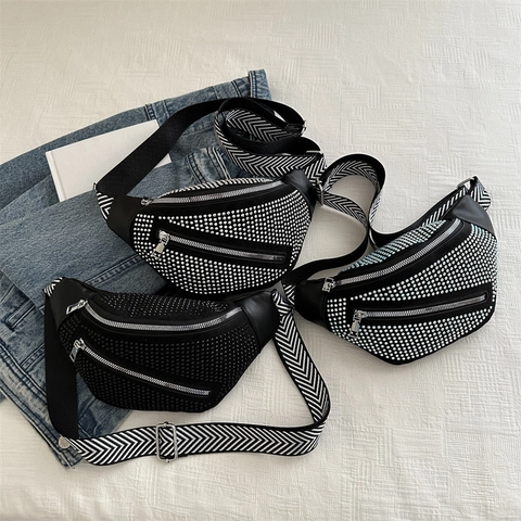 Women Chest Bag Rhinestone Rivet PU Leather Waist Pack Wide Chevron Strap Adjustable Crossbody Streetwear Fashion