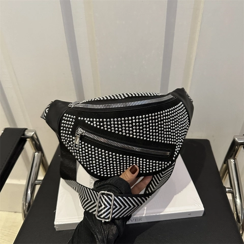 Women Chest Bag Rhinestone Rivet PU Leather Waist Pack Wide Chevron Strap Adjustable Crossbody Streetwear Fashion
