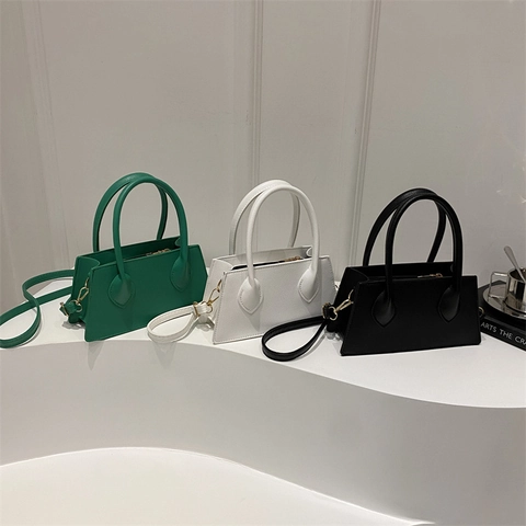 Women Small Trapezoid Handbag PU Leather Lychee Pattern Minimalist Top Handle Crossbody Shoulder Bag Adjustable Strap
