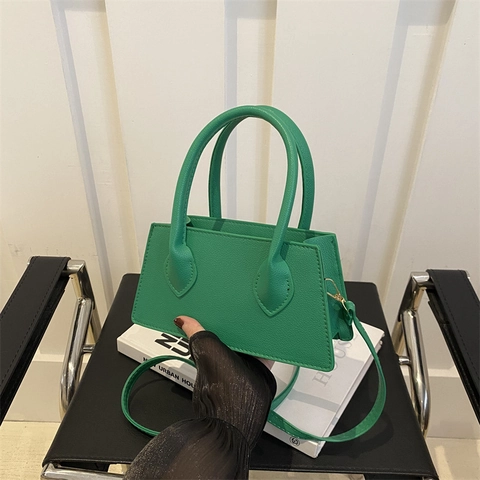 Women Small Trapezoid Handbag PU Leather Lychee Pattern Minimalist Top Handle Crossbody Shoulder Bag Adjustable Strap