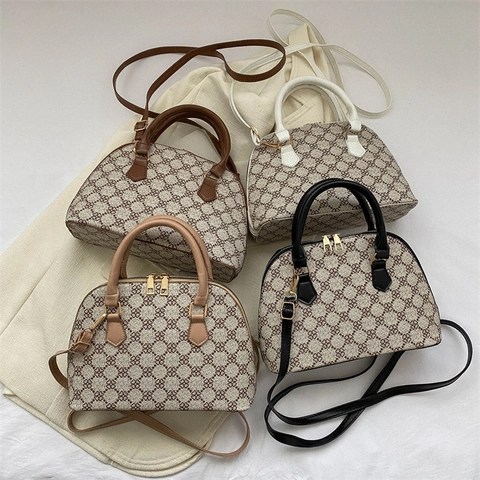 Vintage Monogram Shell Handbag PU Leather Crossbody Bag With Adjustable Strap Retro Print Satchel For Women