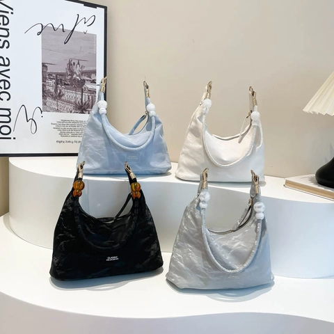 Women Pleated Hobo Shoulder Bag With Bead Decoration Chic Underarm Bag Minimalist Solid Color Soft PU Leather Casual Trendy