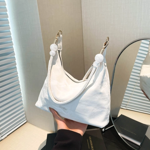 Women Pleated Shoulder Bag Soft PU Leather Hobo Tote Large Capacity With Beaded Strap Korean Casual Minimalist Bag