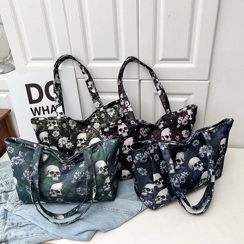 Women Gothic Skull Floral Print Large Capacity Tote Bag Dark Punk Style Shoulder Handbag Casual Commuting Shopping Bag