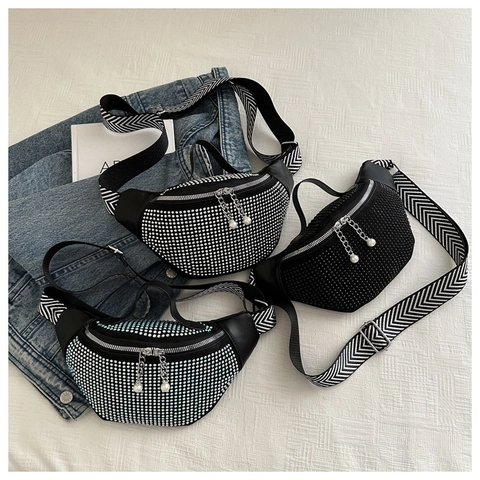 Rhinestone Waist Bag Women PU Leather Chest Crossbody Handbag With Wide Herringbone Strap Sparkling Artificial Pearl Zipper Pull