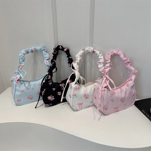Sac Sous Le Bras Femmes Hobo Nylon Tissu Floral Rose Noeud Imprimé Poignée Plissée Décor Noeud Style Japonais Doux