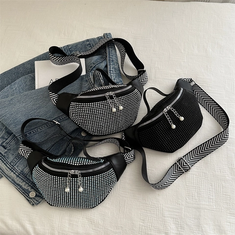 Rhinestone Heuptasje PU Leer Fanny Pack Brede Chevron Riem Kunstparel Hanger Crossbody Borsttas Trendy