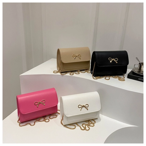 Women Fashion Crossbody Bag PU Leather Golden Bow Knot Buckle Chain Shoulder Bag Small Square Flap Purse