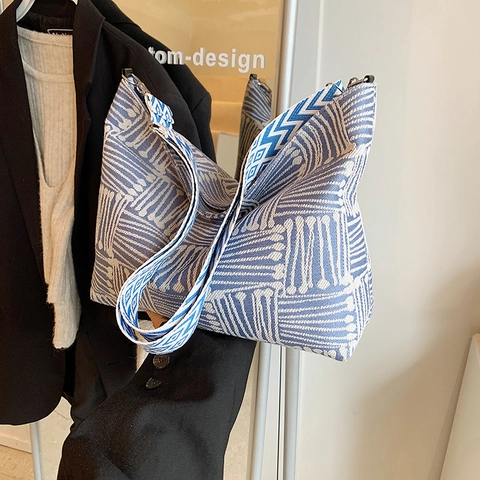 Gebreide Schoudertas Geometrisch Gestreept Grote Capaciteit Tote Met Brede Verstelbare Riem Casual Crossbody