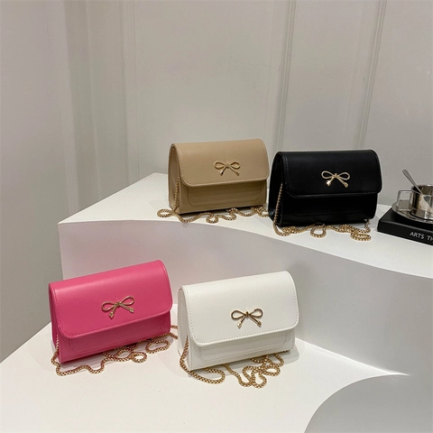 Women PU Leather Crossbody Bag Elegant Metal Bowknot Square Shoulder Purse With Chain Strap Trendy