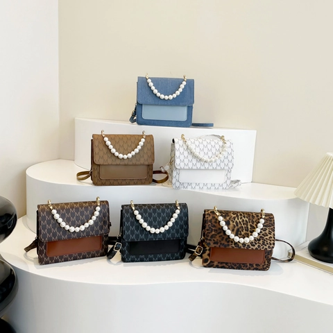 Women Crossbody Bag Artificial Pearl Handle M Letter Monogram PU Leather Denim Small Square Handbag Contrast Stitching Flap Purse