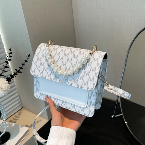 Women Crossbody Bag Artificial Pearl Handle M Letter Monogram PU Leather Denim Small Square Handbag Contrast Stitching Flap Purse